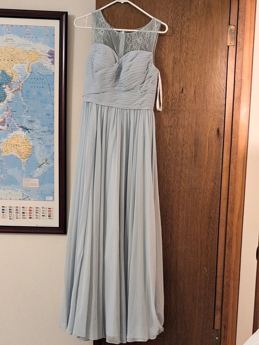 Azazie Luz Lace Bodice Pleated Maxi Dress in Blue Like New